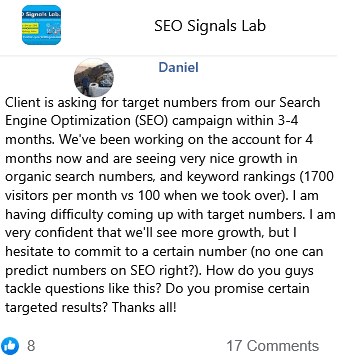 a client is asking for target numbers involving organic keywords and traffic within few months