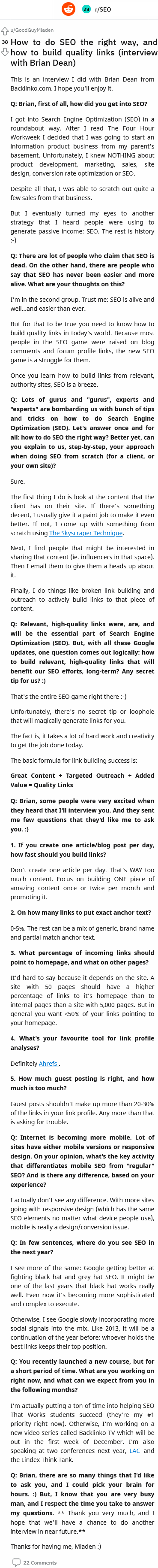 an interview i did with brian dean from backlinko com about content quality anchor text of incoming links and creation frequency for both