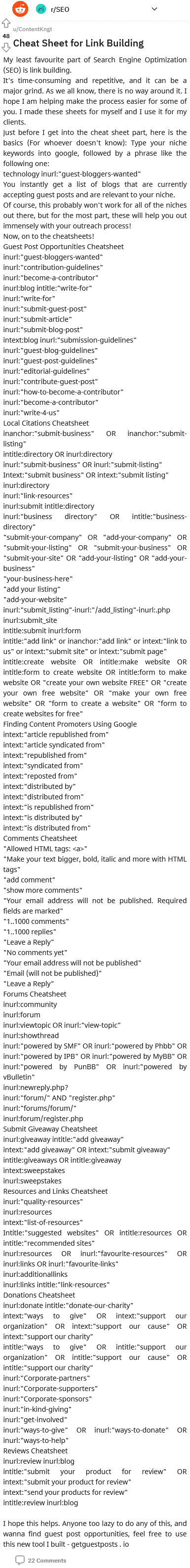 a sheet for link building just copy pasted each line into google search