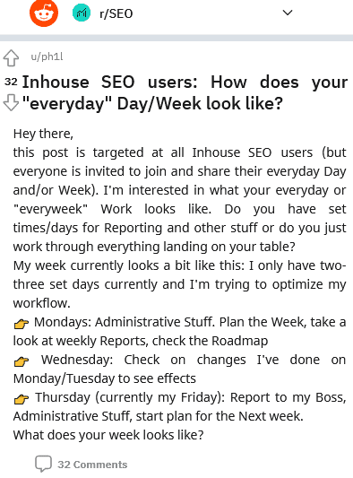 inhouse seo er workflow a week