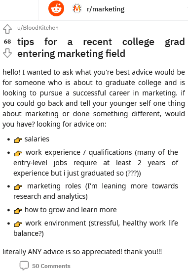 tips for a recent college grad entering marketing field