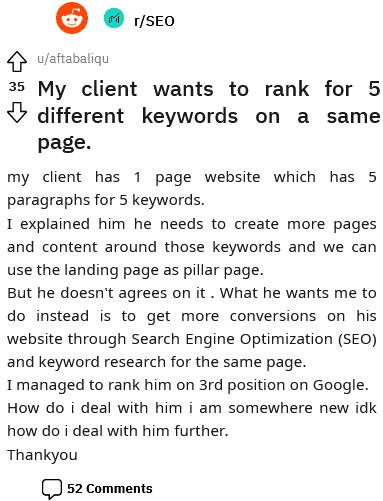 A Client Wants to Rank the Only One Page for Many Different Keywords Without Adding Supporting Pages or Internal Linking